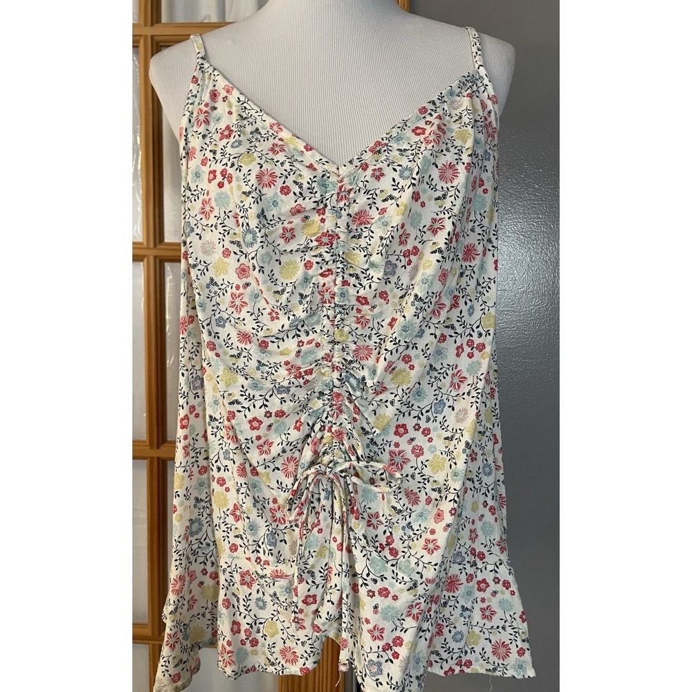 Sonoma Floral Tank Top Cami 3X Spaghetti Strap Pink Blue Ruched Boho Cottagecore